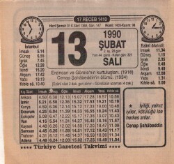 13 Şubat 1990 Takvim Yaprağı EFM(N)5196 - Gökçekoleksiyon