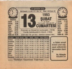 13 Şubat 1993 Takvim Yaprağı EFM(N)5308 - Gökçekoleksiyon