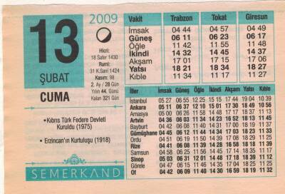 13 Şubat 2009 Takvim Yaprağı EFM(N)5618 - 2
