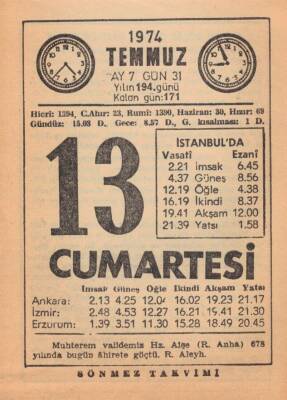 13 Temmuz 1974 Takvim Yaprağı EFM(N)1982 - 3