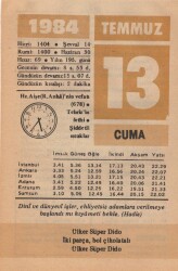13 Temmuz 1984 Takvim Yaprağı EFM(N)1984 - 2
