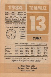 13 Temmuz 1984 Takvim Yaprağı EFM(N)1984 - 1