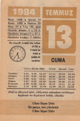 13 Temmuz 1984 Takvim Yaprağı EFM(N)1984 - 1