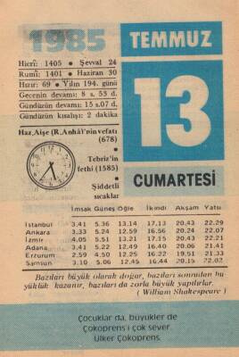 13 Temmuz 1985 Takvim Yaprağı EFM(N)1985 - 3