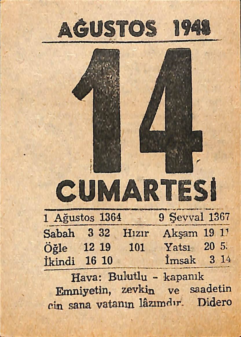 14 Ağustos 1948 Takvim Yaprağı - Doğum Günü Hediyesi EFMN14424 - 1