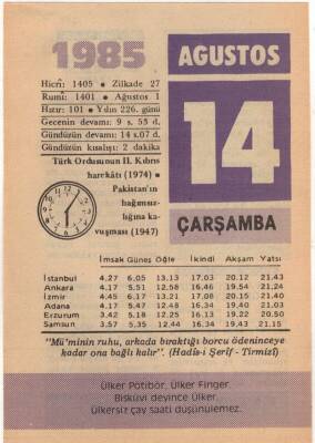 14 Ağustos 1985 Takvim Yaprağı EFM(N)2369 - 2