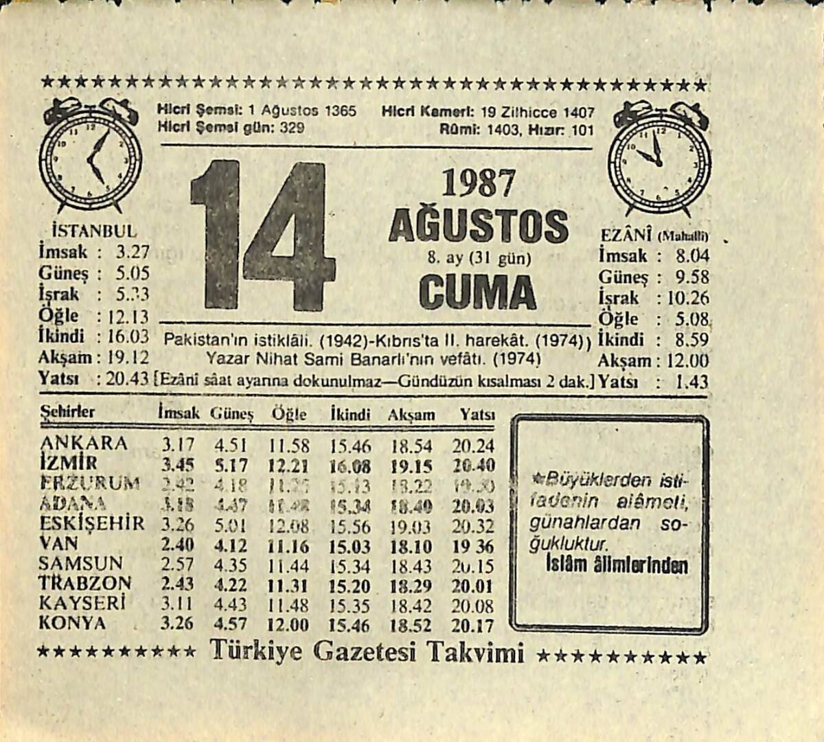 14 Ağustos 1987 Takvim Yaprağı - Doğum Günü Hediyesi EFMN13918 - 1