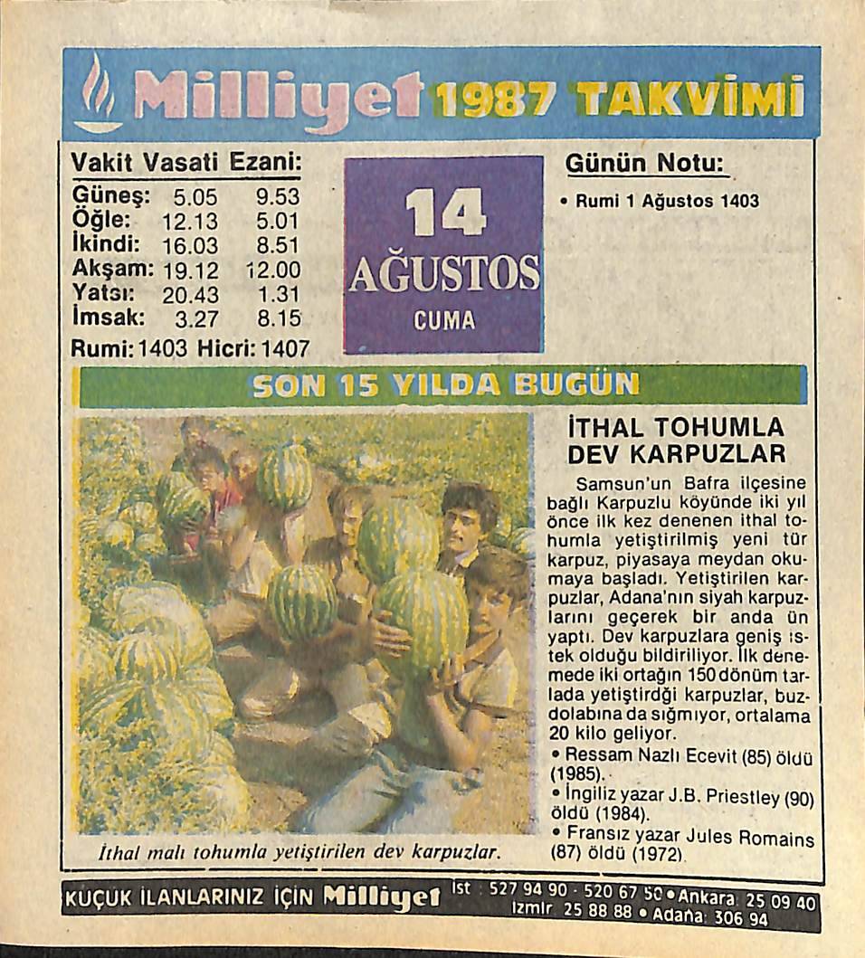 14 Ağustos 1987 Takvim Yaprağı - Doğum Günü Hediyesi EFMN14104 - 1