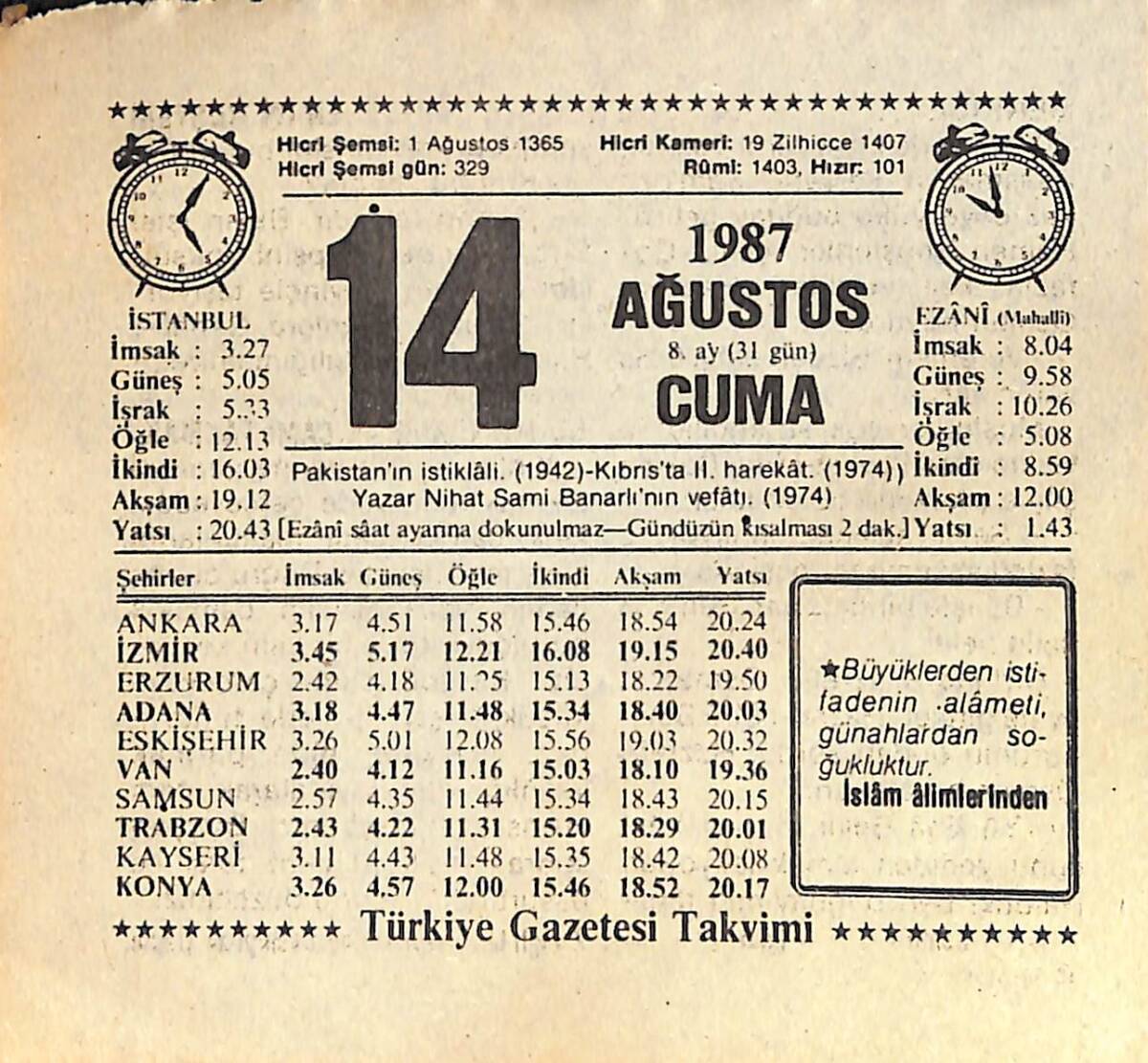14 Ağustos 1987 Takvim Yaprağı - Doğum Günü Hediyesi EFMN15868 - 1