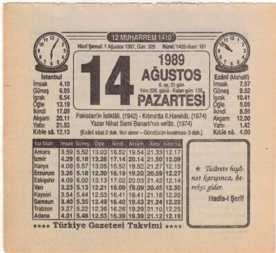 14 Ağustos 1989 Takvim Yaprağı EFM(N)2372 - 2