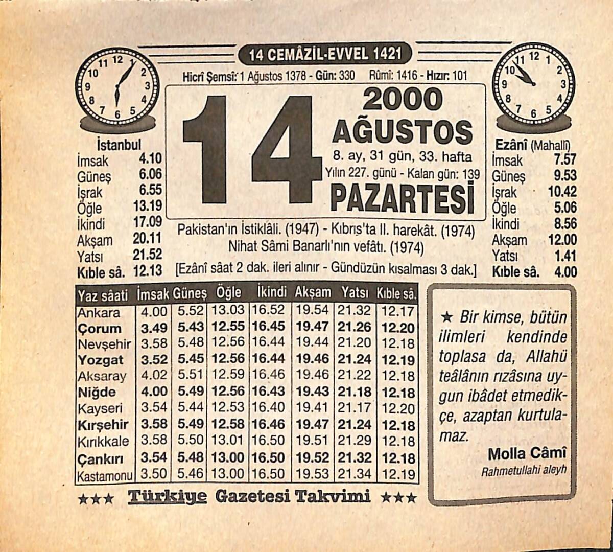 14 Ağustos 2000 Takvim Yaprağı - Doğum Günü Hediyesi EFMN14277 - 1