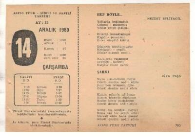 14 Aralık 1960 Ajans Türk Takvim Yaprağı (Şiirli Saatli) EFM(N) 1810 - 3