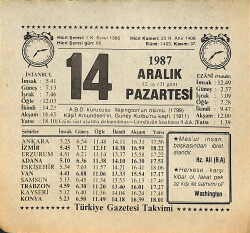 14 Aralık 1987 Takvim Yaprağı - Doğum Günü Hediyesi EFMN14997 - Gökçekoleksiyon