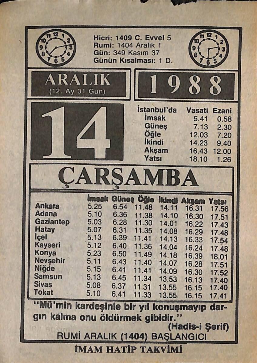 14 Aralık 1988 Takvim Yaprağı - Doğum Günü Hediyesi EFMN14586 - 1