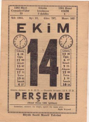 14 Ekim 1965 Takvim Yaprağı EFM(N)3544 - 2