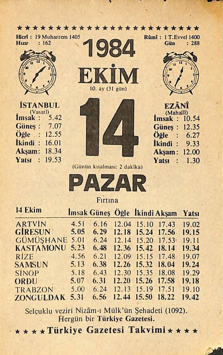 14 Ekim 1984 Takvim Yaprağı - Doğum Günü Hediyesi EFMN14569 - 1