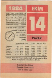 14 Ekim 1984 Takvim Yaprağı EFM(N)3015 - Gökçekoleksiyon