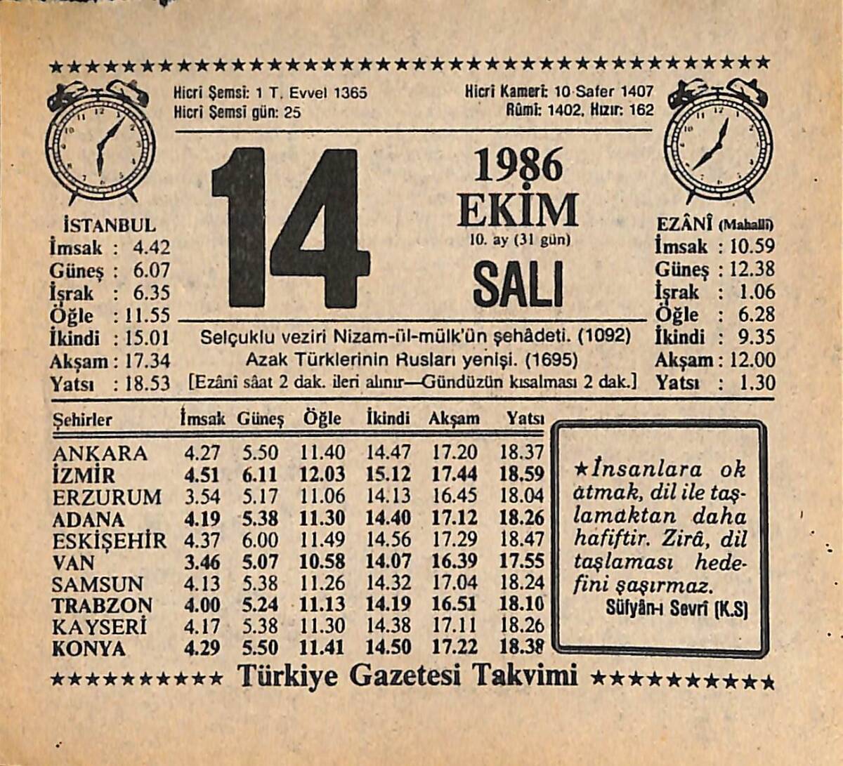 14 Ekim 1986 Takvim Yaprağı - Doğum Günü Hediyesi EFMN14917 - 1
