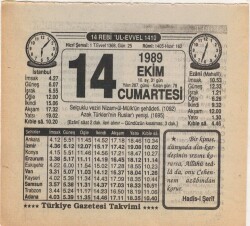 14 Ekim 1989 Takvim Yaprağı EFM(N)3108 - Gökçekoleksiyon