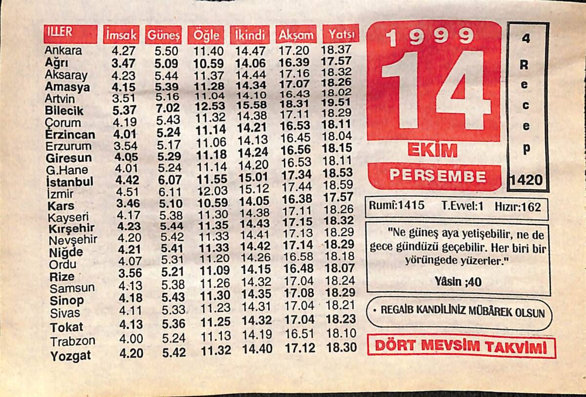 14 Ekim 1999 Takvim Yaprağı - Doğum Günü Hediyesi EFMN14073 - 1