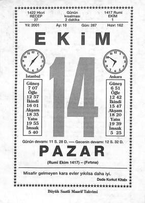 14 Ekim 2001 Takvim Yaprağı - Doğum Günü Hediyesi EFM(N)10481 - 2