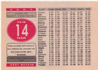14 Ekim 2001 Takvim Yaprağı EFM(N)3735 - 2