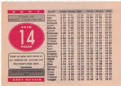 14 Ekim 2001 Takvim Yaprağı EFM(N)3735 - 1
