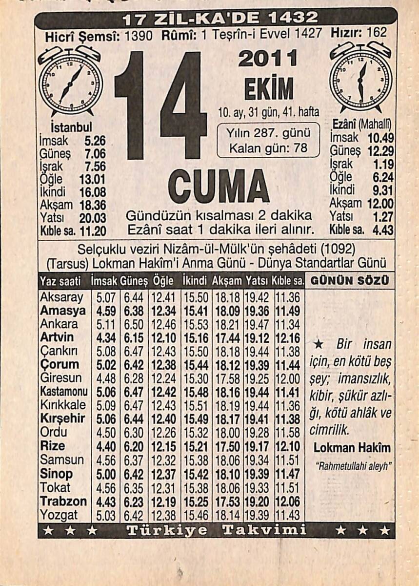 14 Ekim 2011 Takvim Yaprağı - Doğum Günü Hediyesi EFMN15920 - 1
