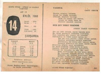 14 Eylül 1960 Ajans Türk Takvim Yaprağı (Şiirli Saatli) EFM(N) 1721 - 4