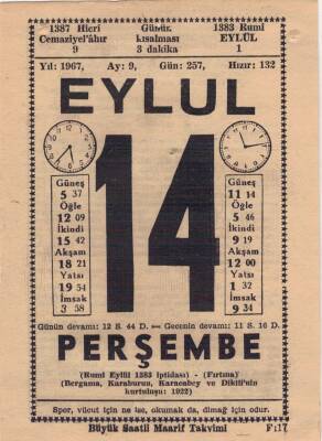 14 Eylül 1967 Takvim Yaprağı EFM(N)3619 - 2