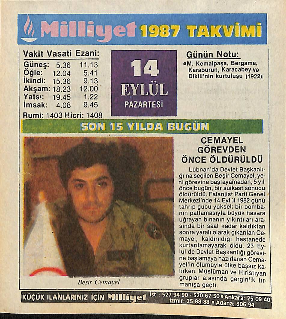 14 Eylül 1987 Takvim Yaprağı - Doğum Günü Hediyesi EFMN14131 - 1
