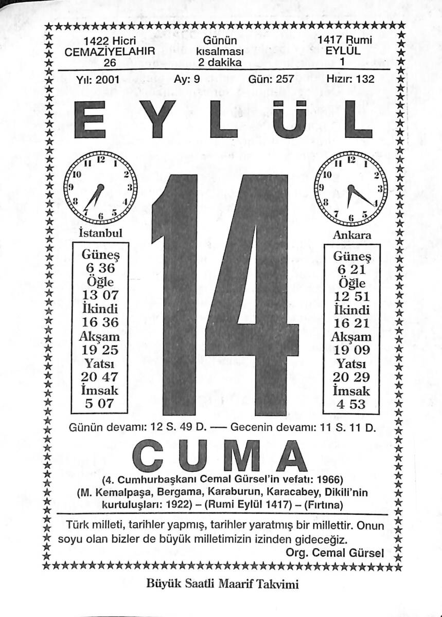 14 Eylül 2001 Takvim Yaprağı - Doğum Günü Hediyesi EFMN14185 - 1