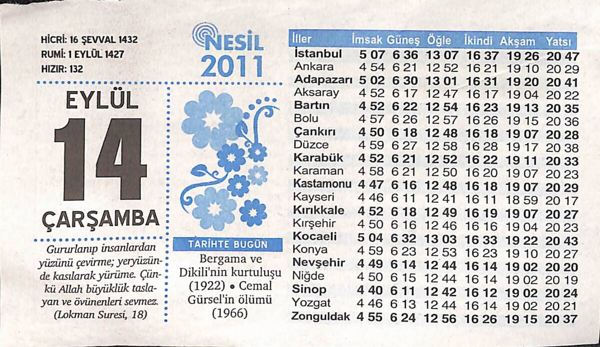 14 Eylül 2011 Takvim Yaprağı - Doğum Günü Hediyesi EFMN14360 - 1