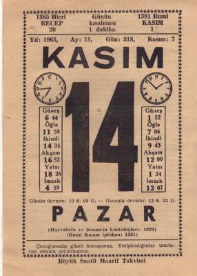 14 Kasım 1965 Takvim Yaprağı EFM(N)3680 - 2
