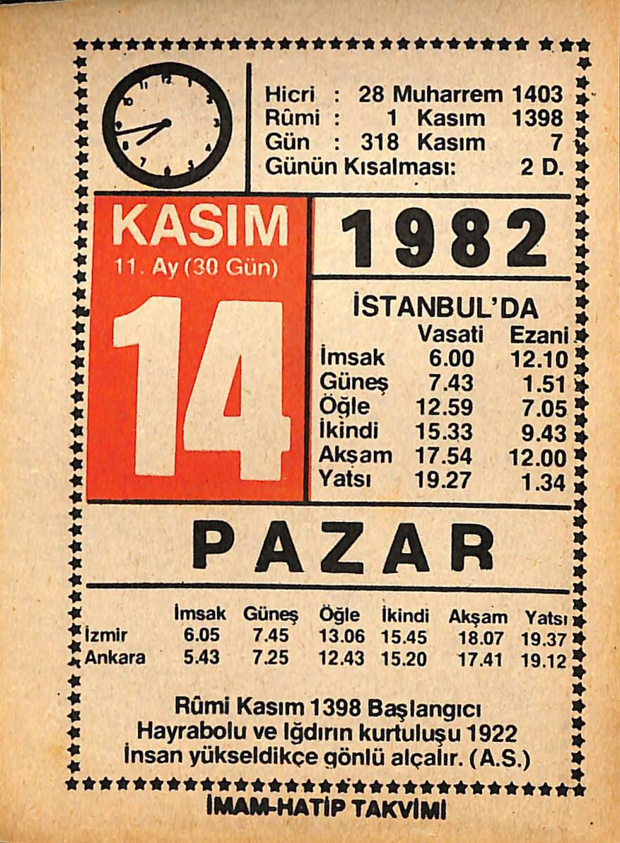 14 Kasım 1982 Takvim Yaprağı - Doğum Günü Hediyesi EFMN15977 - 1