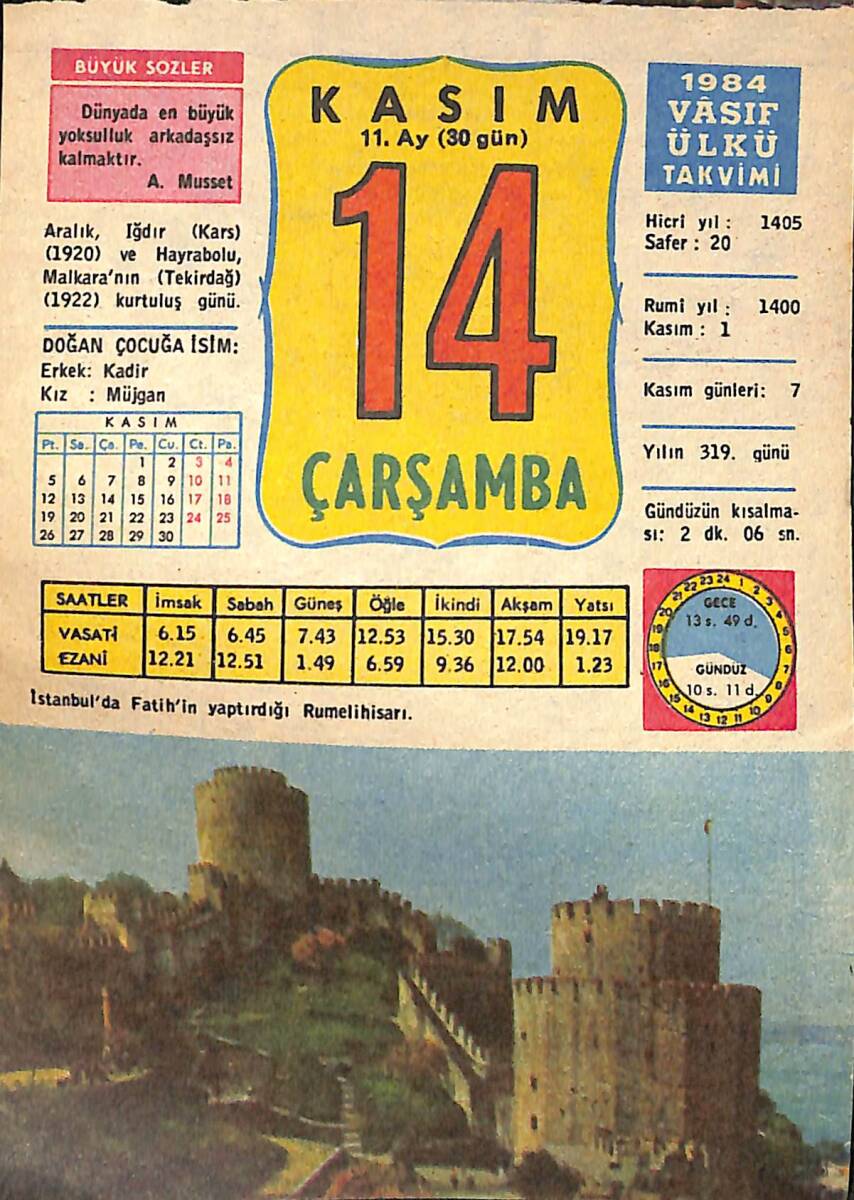 14 Kasım 1984 Takvim Yaprağı - Doğum Günü Hediyesi EFMN14796 - 1