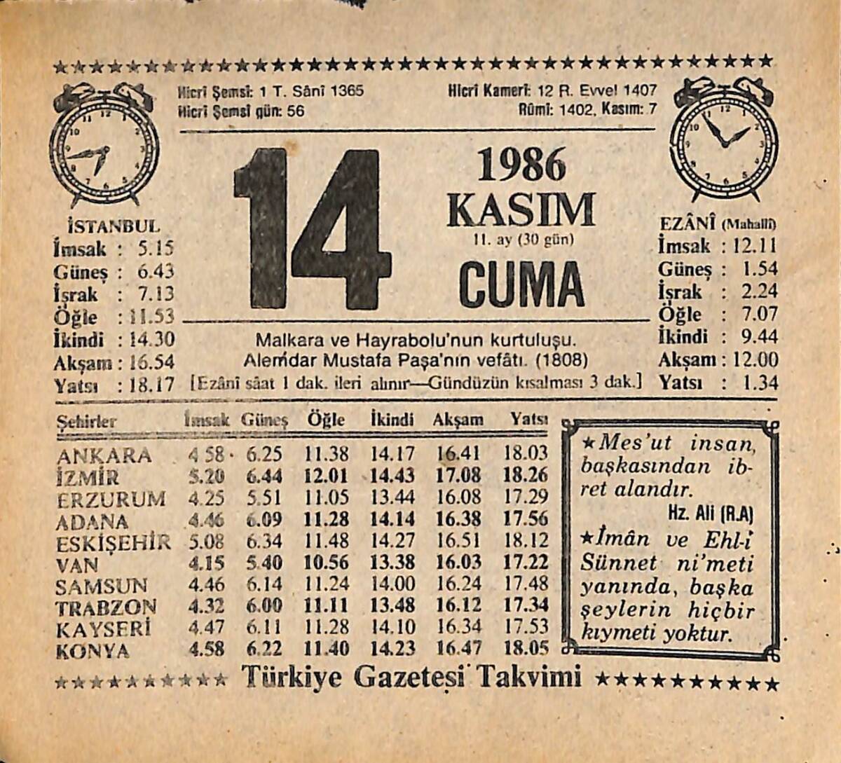 14 Kasım 1986 Takvim Yaprağı - Doğum Günü Hediyesi EFMN14888 - 1
