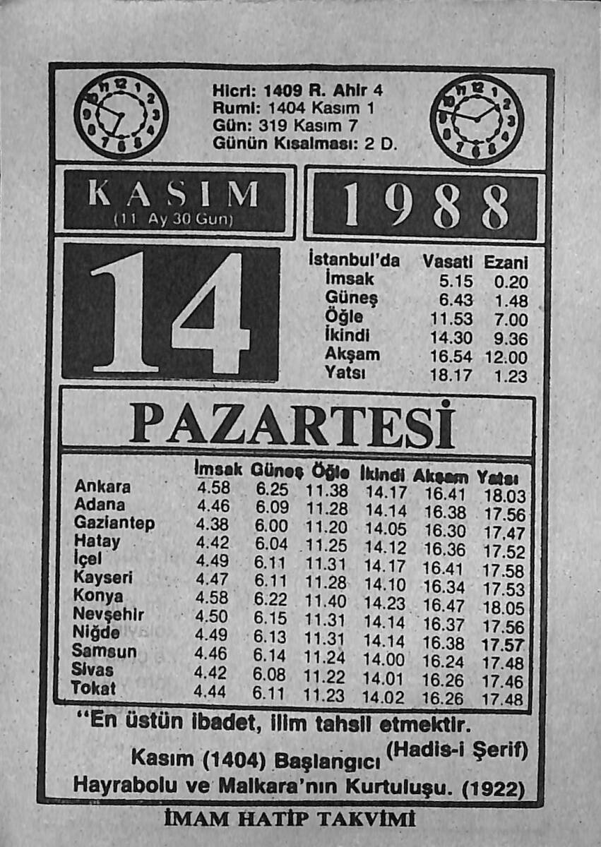 14 Kasım 1988 Takvim Yaprağı - Doğum Günü Hediyesi EFMN14616 - 1