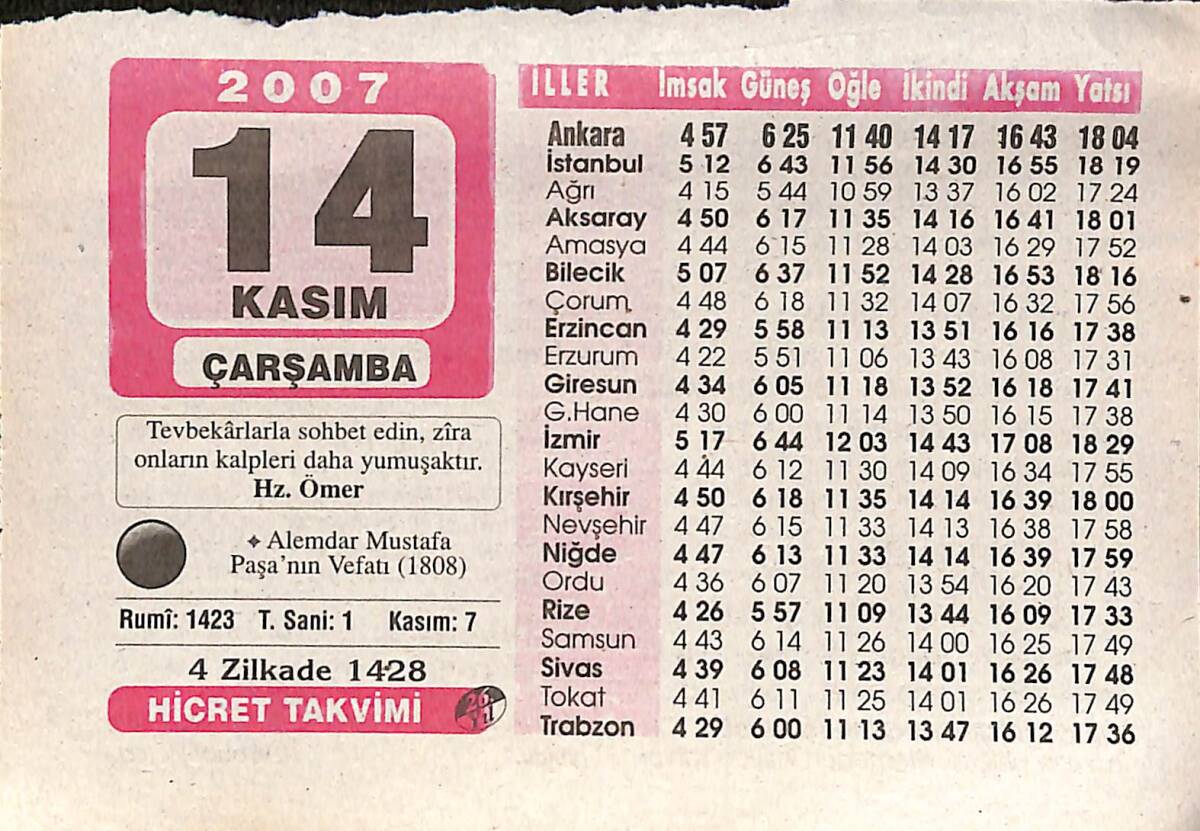 14 Kasım 2007 Takvim Yaprağı - Doğum Günü Hediyesi EFMN16007 - 1