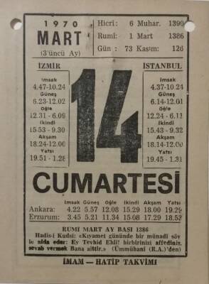 14 Mart 1970 Takvim Yaprağı - Doğum Günü Hediyesi EFM(N)7958 - 1