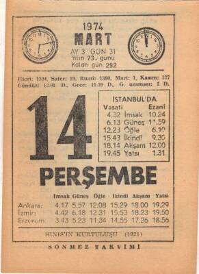 14 Mart 1974 Takvim Yaprağı EFM(N)5893 - 1