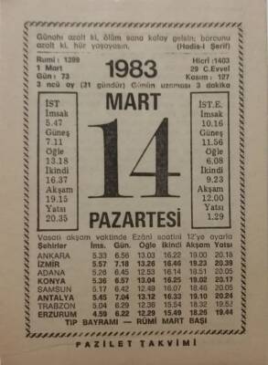 14 Mart 1983 Takvim Yaprağı - Doğum Günü Hediyesi EFM(N)7928 - 1