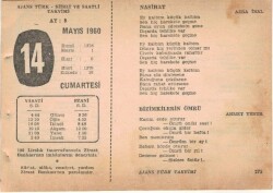 14 Mayıs 1960 Ajans Türk Takvim Yaprağı (Şiirli Saatli) EFM(N)1601 - 1