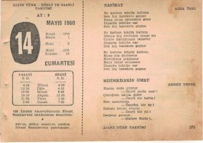 14 Mayıs 1960 Ajans Türk Takvim Yaprağı (Şiirli Saatli) EFM(N)1601 - 1