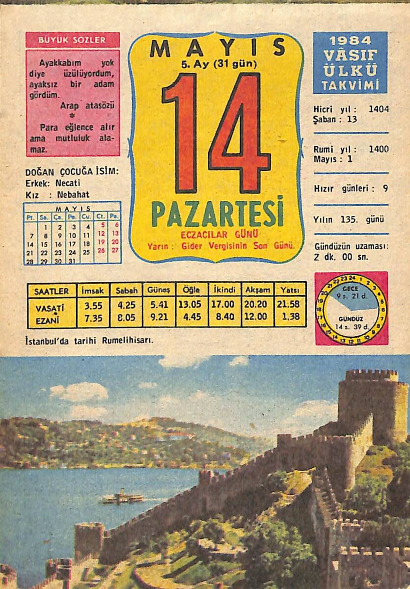 14 Mayıs 1984 Takvim Yaprağı - Doğum Günü Hediyesi EFMN15166 - 1