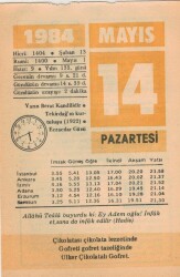 14 Mayıs 1984 Takvim Yaprağı EFM(N)6223 - Gökçekoleksiyon