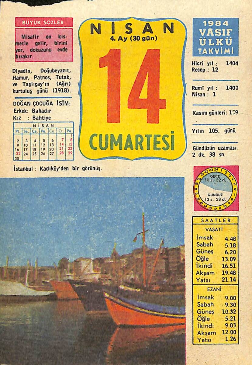 14 Nisan 1984 Takvim Yaprağı - Doğum Günü Hediyesi EFMN15185 - 1