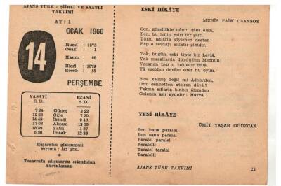14 Ocak 1960 Ajans Türk Takvim Yaprağı(Şiirli Saatli) EFM(N)1088 - 7