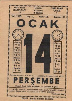 14 Ocak 1965 Takvim Yaprağı EFM(N)4513 - 1