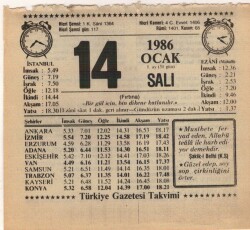 14 Ocak 1986 Takvim Yaprağı EFM(N)5032 - Gökçekoleksiyon